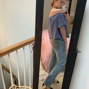 Blue striped strapless blouse